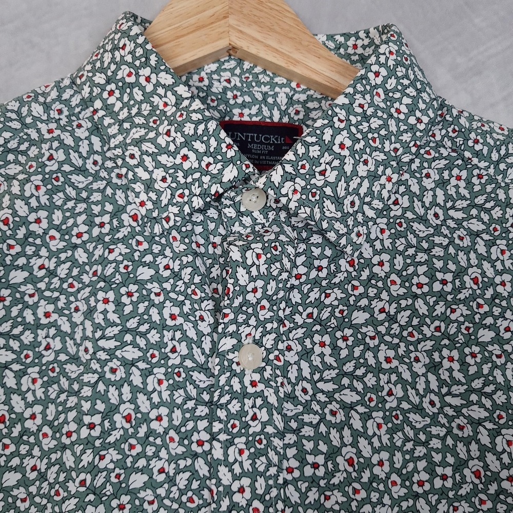 UNTUCKit Shirt Mens Medium Green Floral Stretch Palazette Short Sleeve Slim Fit
